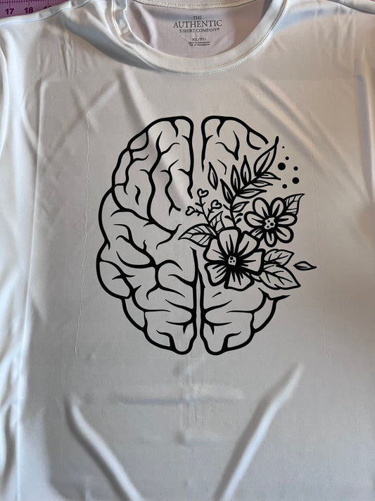 Adult White Printed Mental Health Floral Brain T-Shirt
