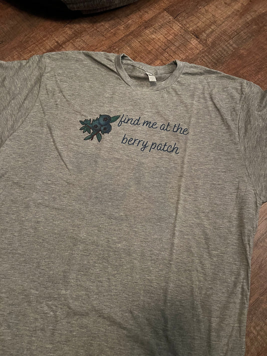Adult grey find me at the berry patch blueberry t-shirt