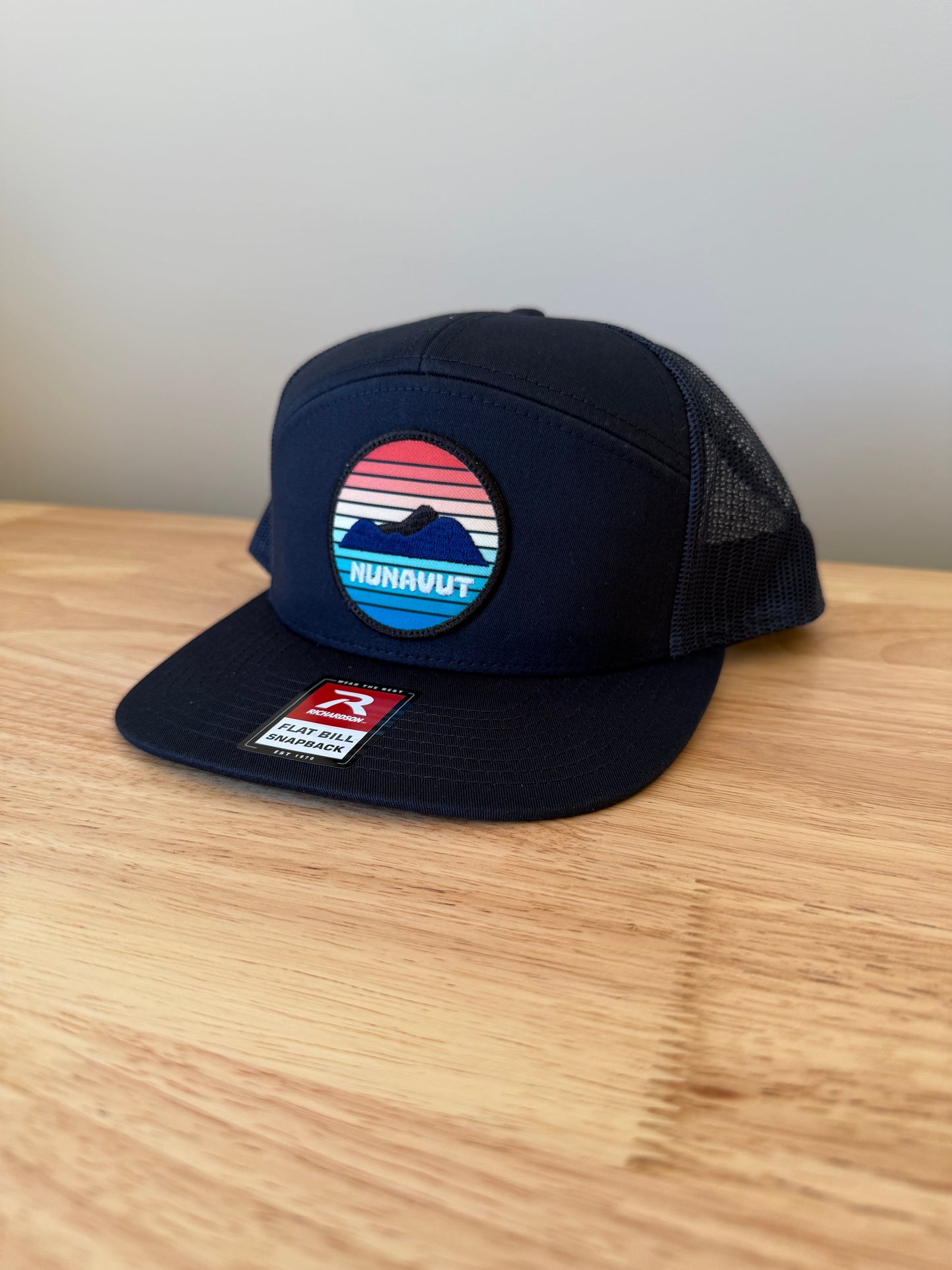 Adult Nunavut Sunset Embroidered Patch 7 Panel Trucker Cap