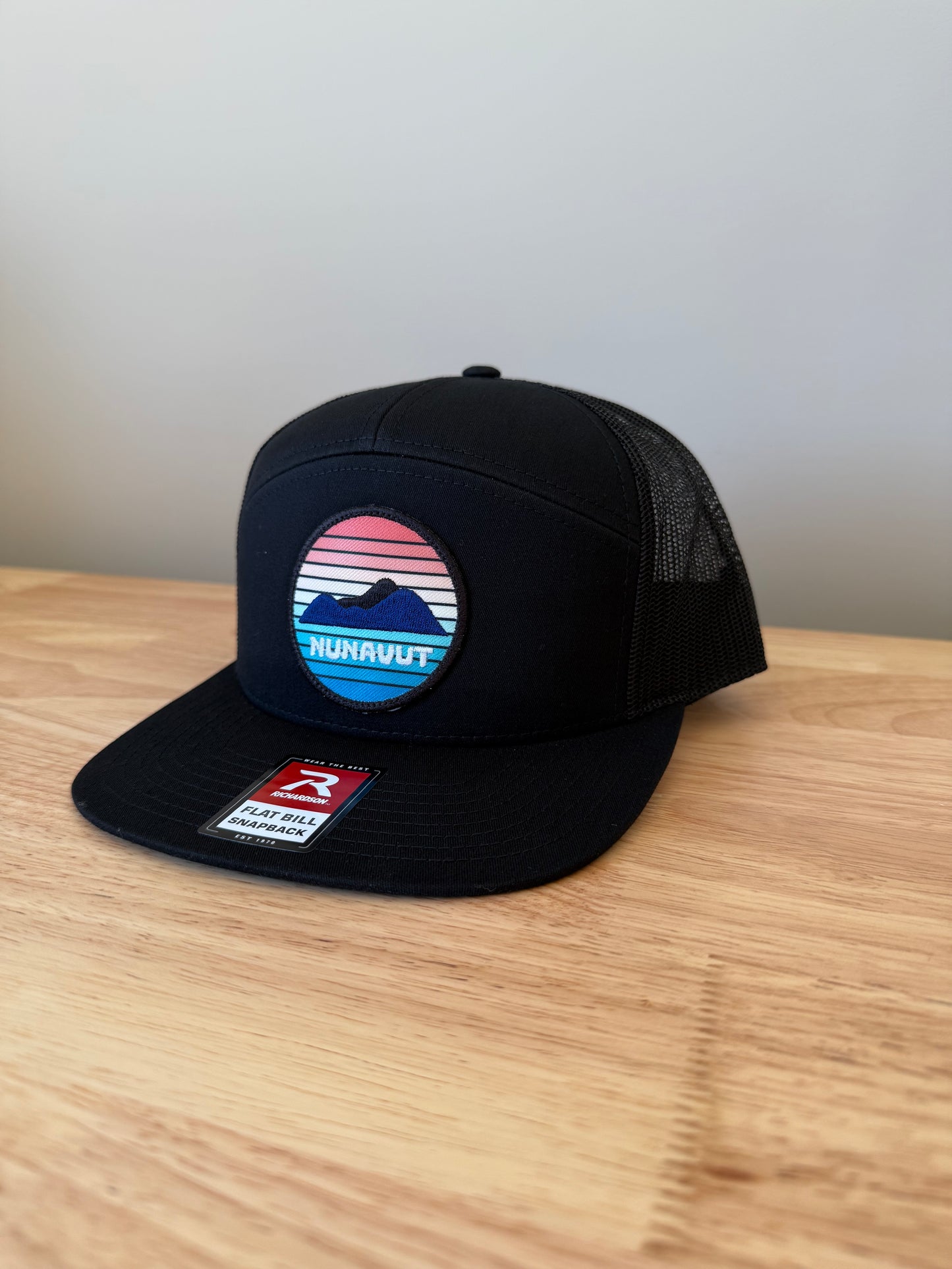 Adult Nunavut Sunset Embroidered Patch 7 Panel Trucker Cap