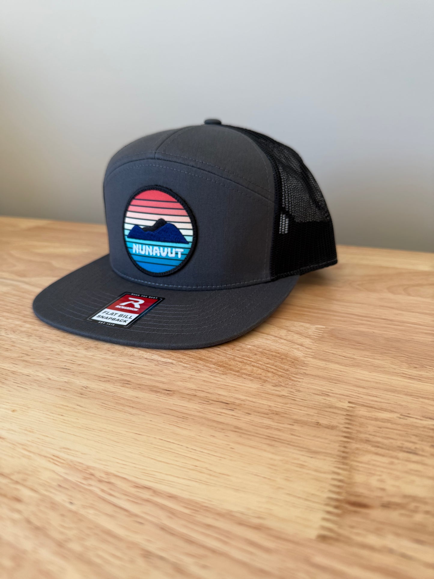 Adult Nunavut Sunset Embroidered Patch 7 Panel Trucker Cap