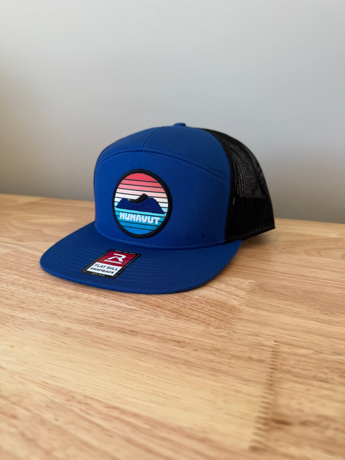 Adult Nunavut Sunset Embroidered Patch 7 Panel Trucker Cap